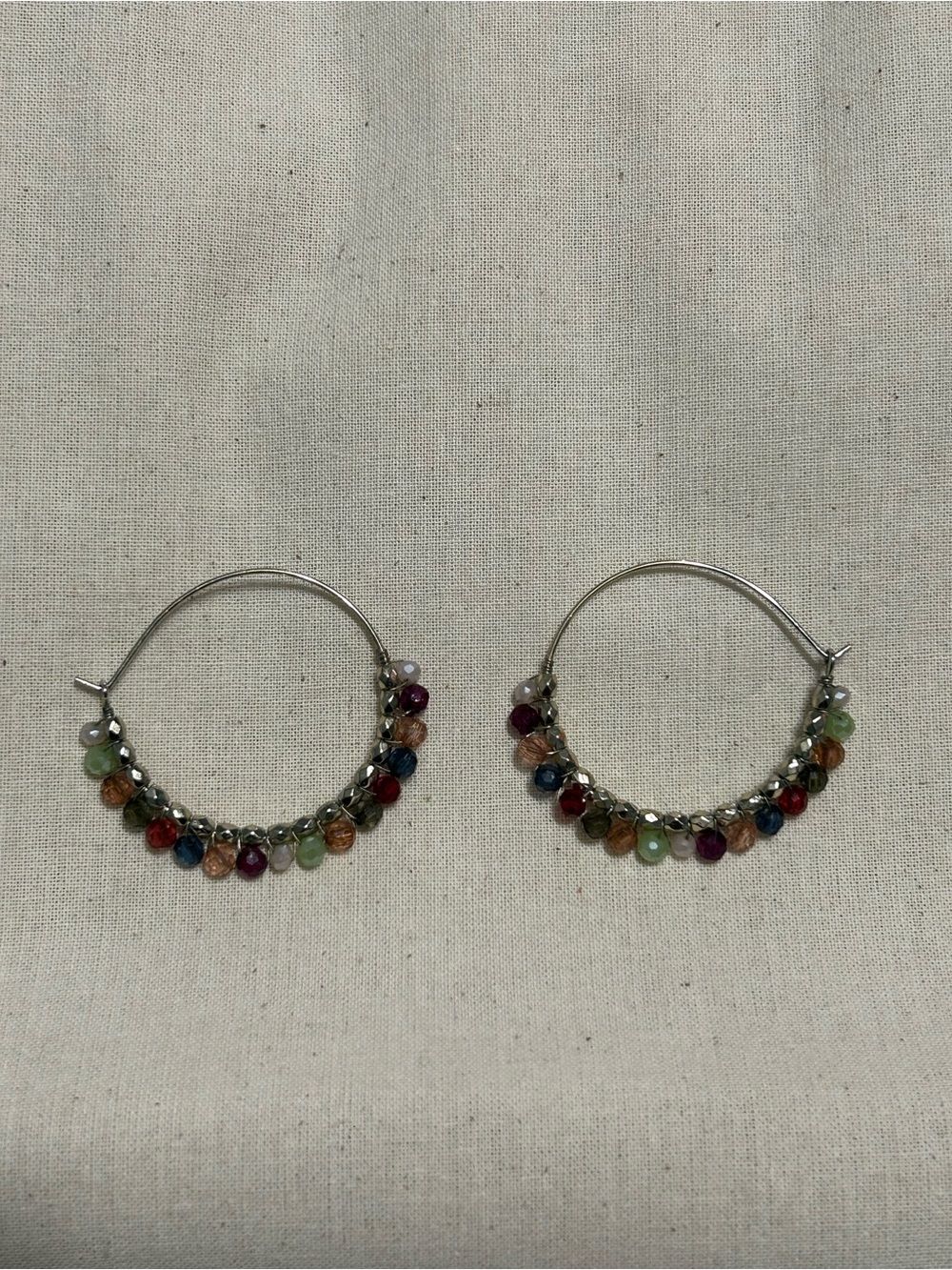 Silver Hoop Earrings with Multicolor Gemstone Beads